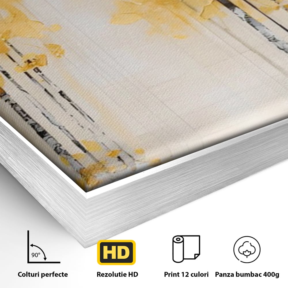 Detaliu al suprafetei: pictura verticala cu padure aurie, in rama de aluminiu argintiu